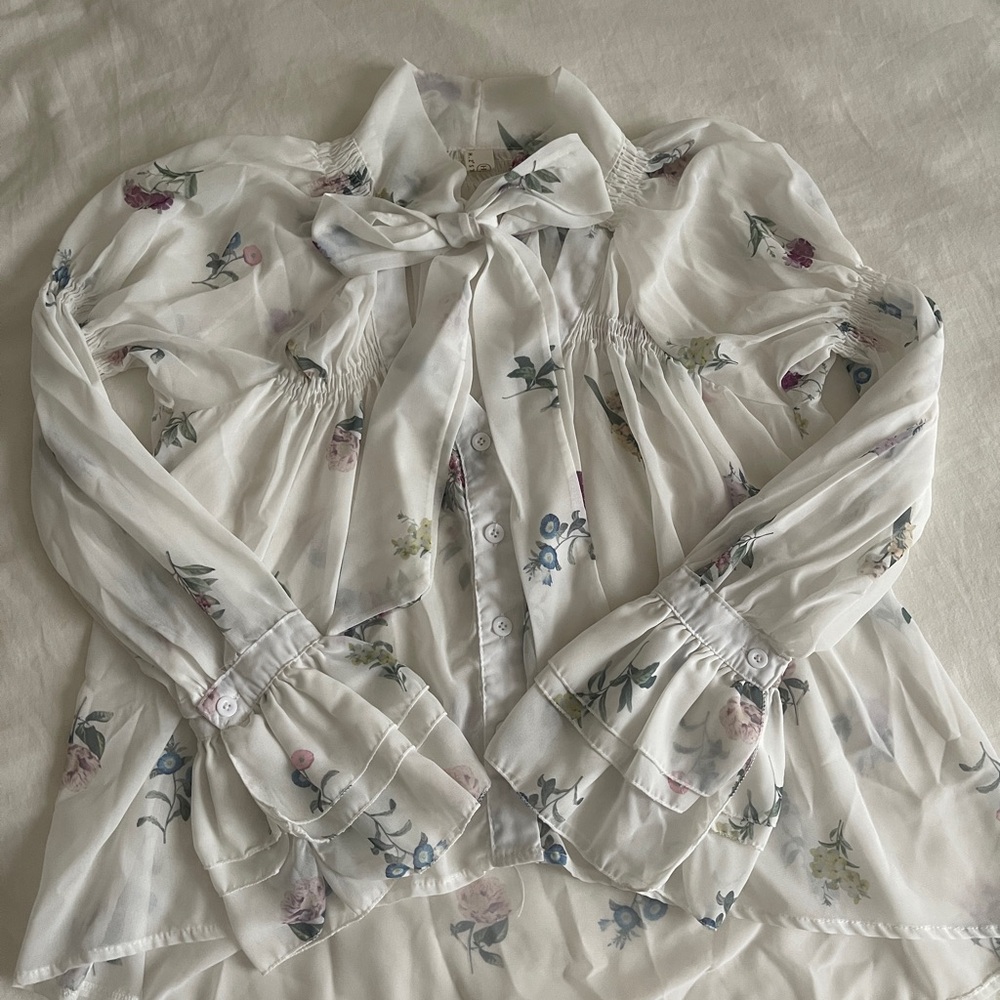 Floral Sheer Blouse with Bow Tie